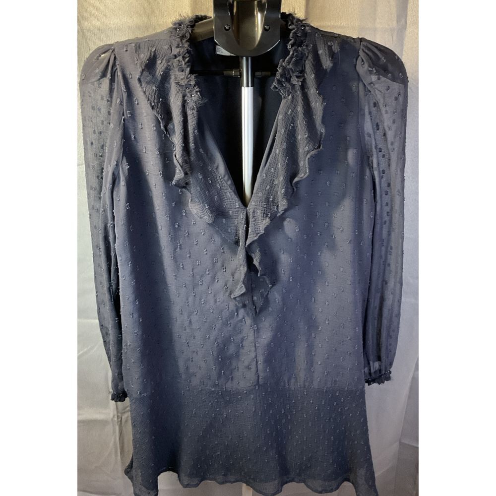 ZARA Women's Navy Semi Sheer Chiffon Ruffle V-Neck Long Sleeved Dot Dress SZ LG